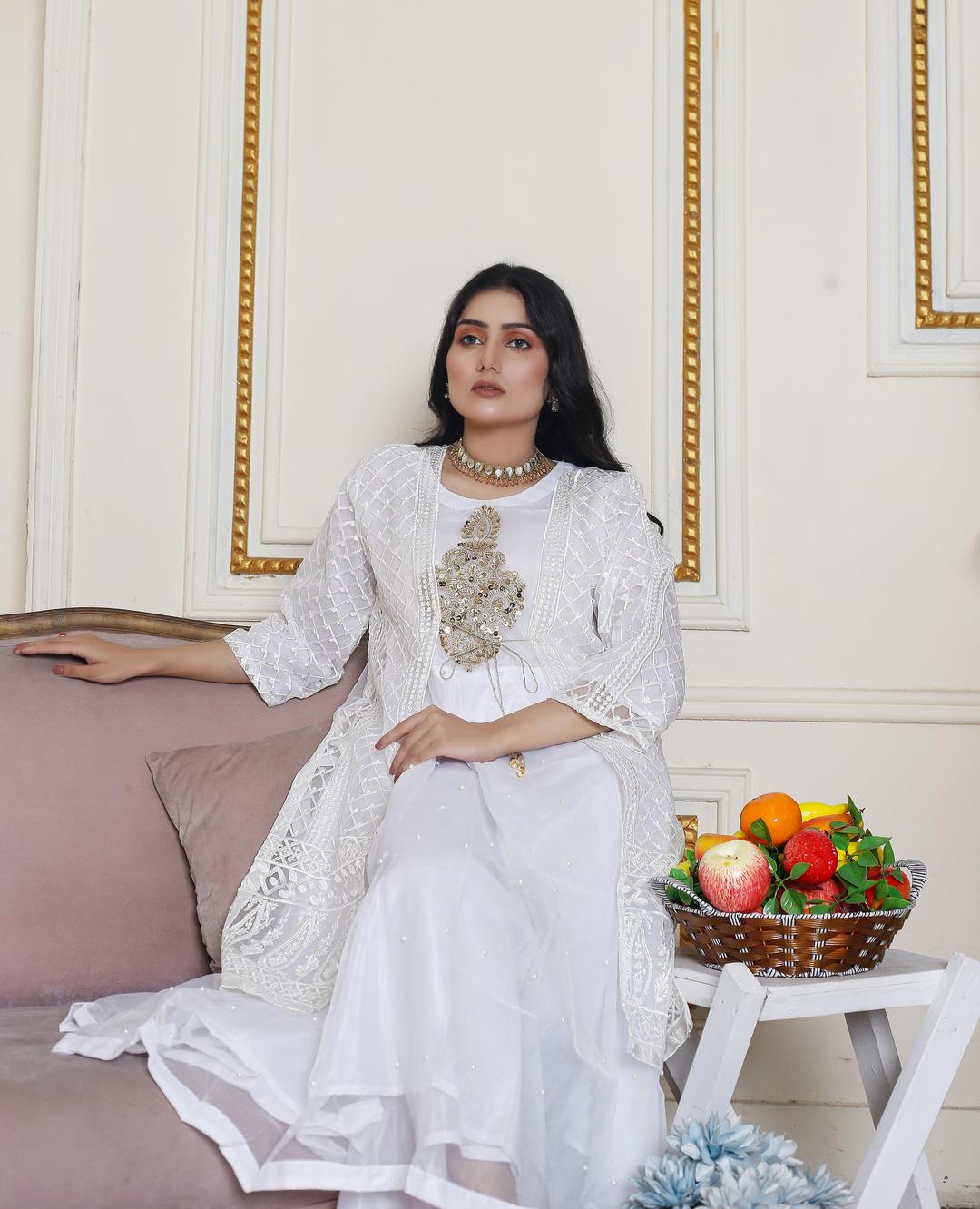 Women's Stiched Embroidered Orangza Frock and trouser Set