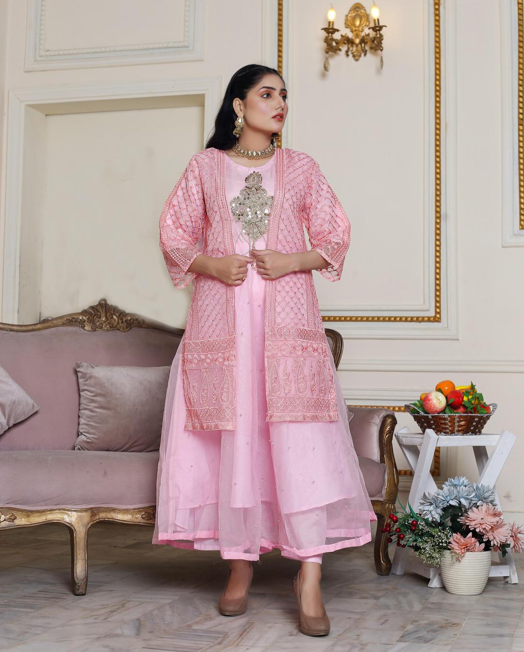 Women's Stiched Embroidered Orangza Frock and trouser Set
