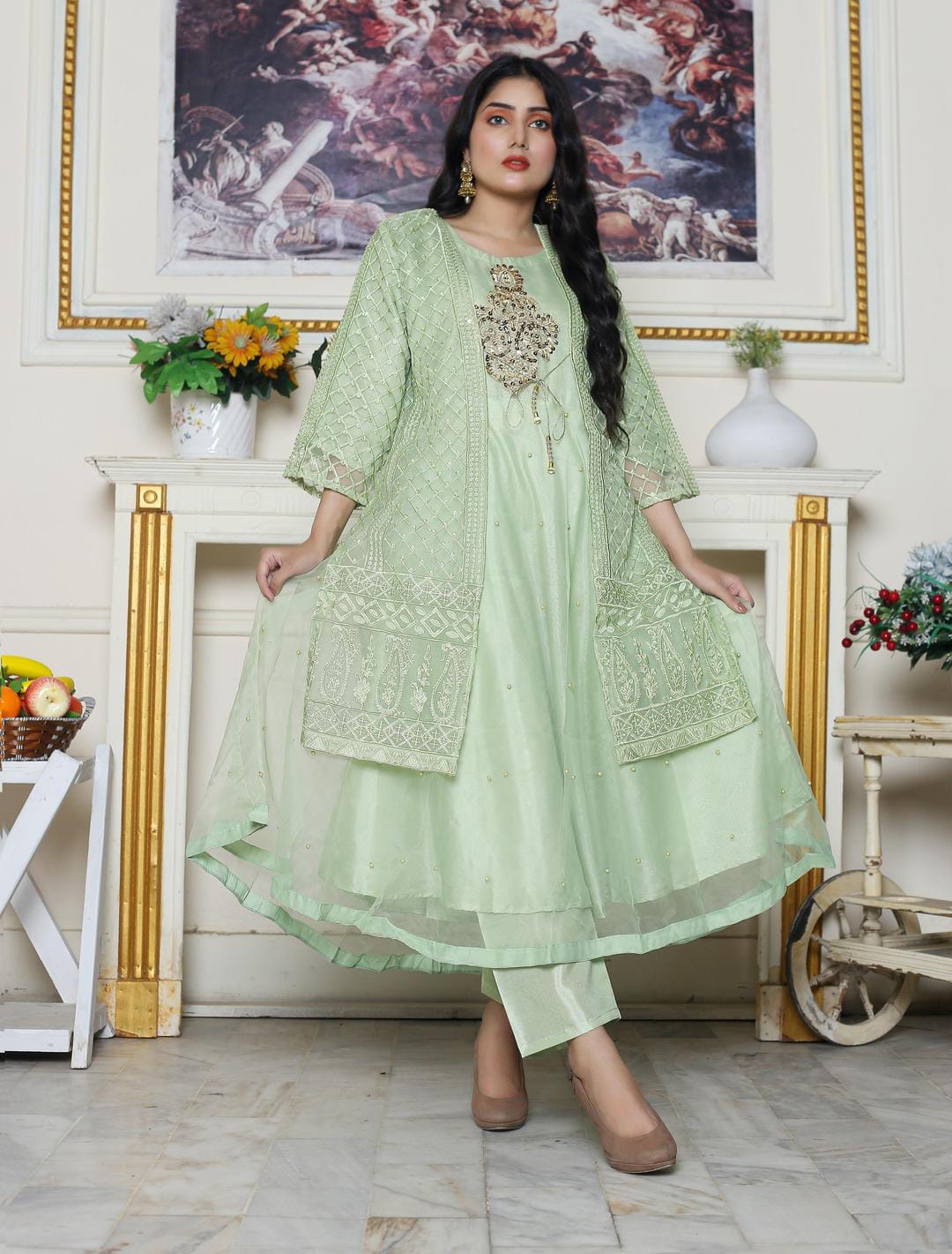 Women's Stiched Embroidered Orangza Frock and trouser Set
