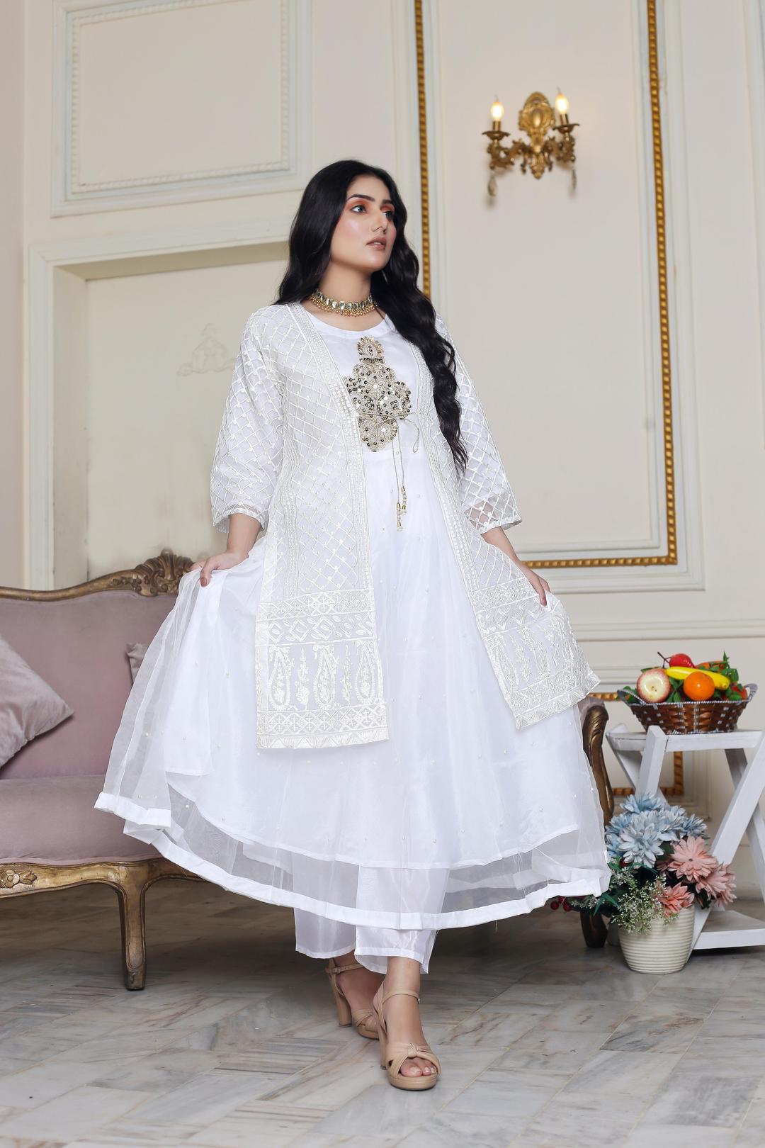 Women's Stiched Embroidered Orangza Frock and trouser Set