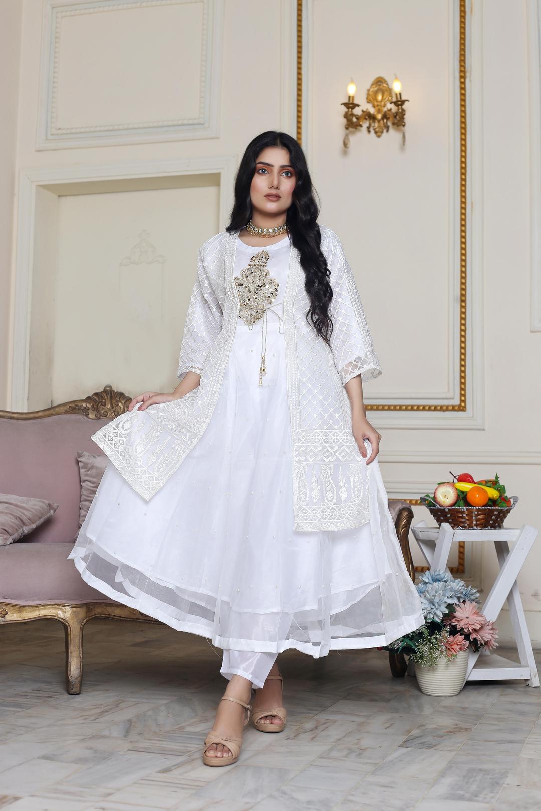 Women's Stiched Embroidered Orangza Frock and trouser Set