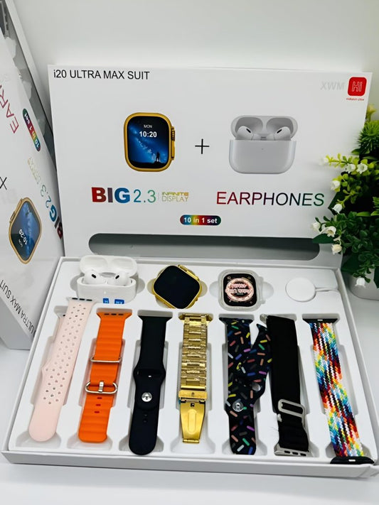 "i20 Ultra Max Smart Watch | 2.3” Large HD Display | 10-in-1 Luxury Gift Box with 7 Premium Straps + AirPods 2 (Random Color)"